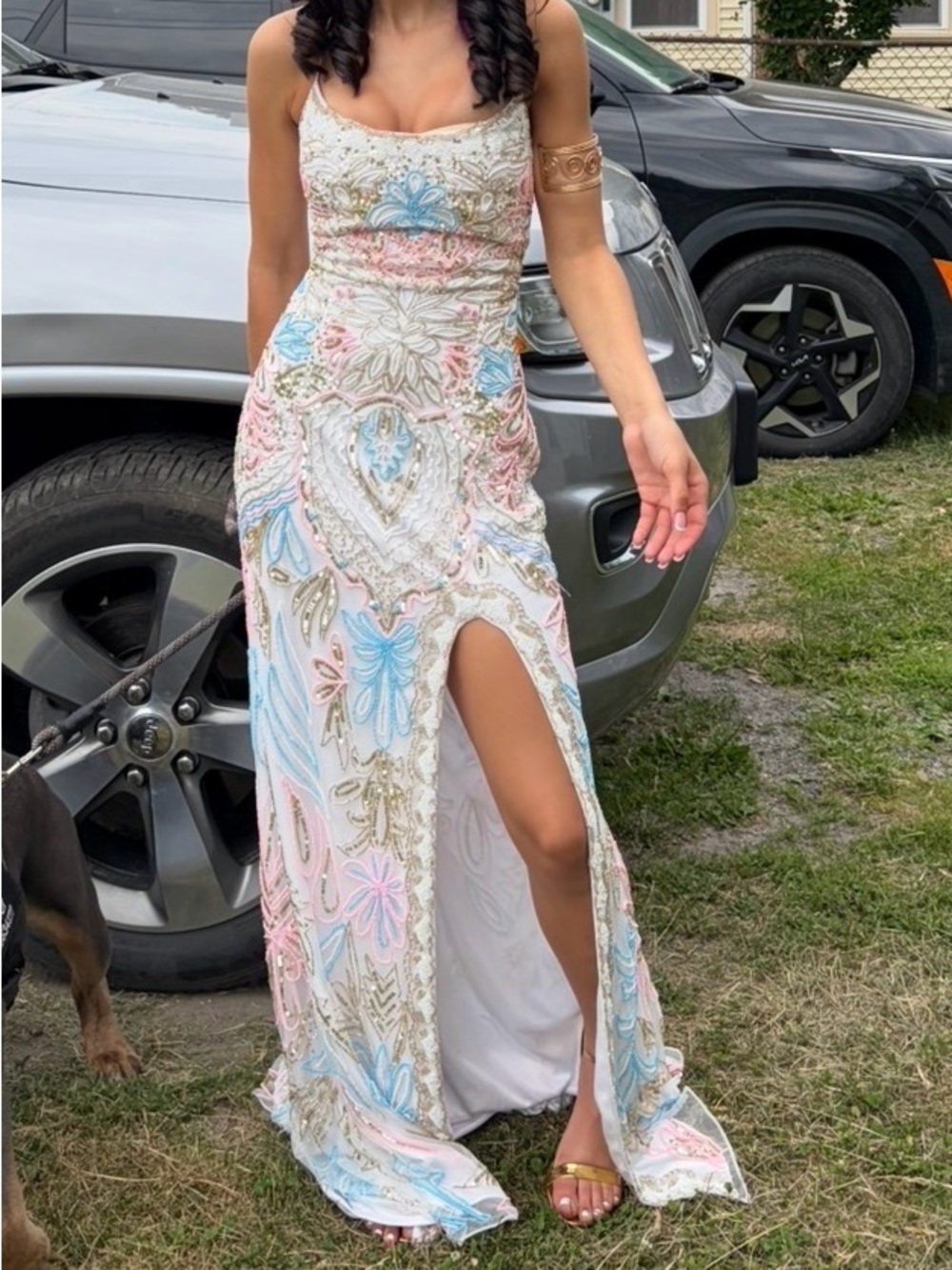Primavera Couture White Maxi Dress with Pink, Blue & Gold Embroidery